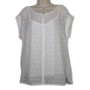 2 pc Liz Claiborne Cami and Shirt Set Women Size L White Sheer Geometric Pattern